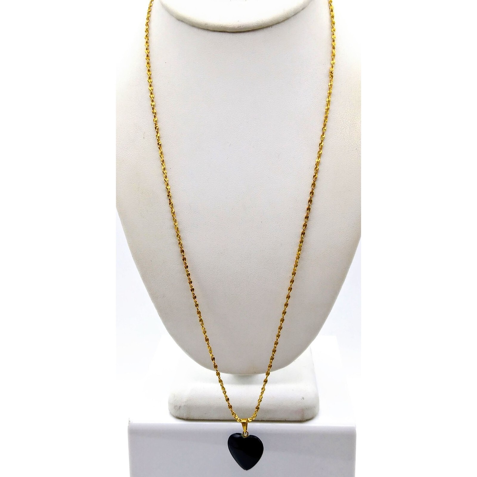Onyx Heart Pendant Necklace, Black Natural Stone on Gold Tone Margarita Chain