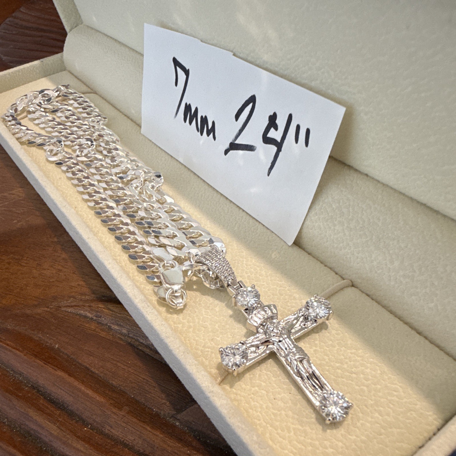 7mm 24in SOLID 925 (41g) Cuban Link Chain w Moissanite Jesus Cross Pendant 4CTW