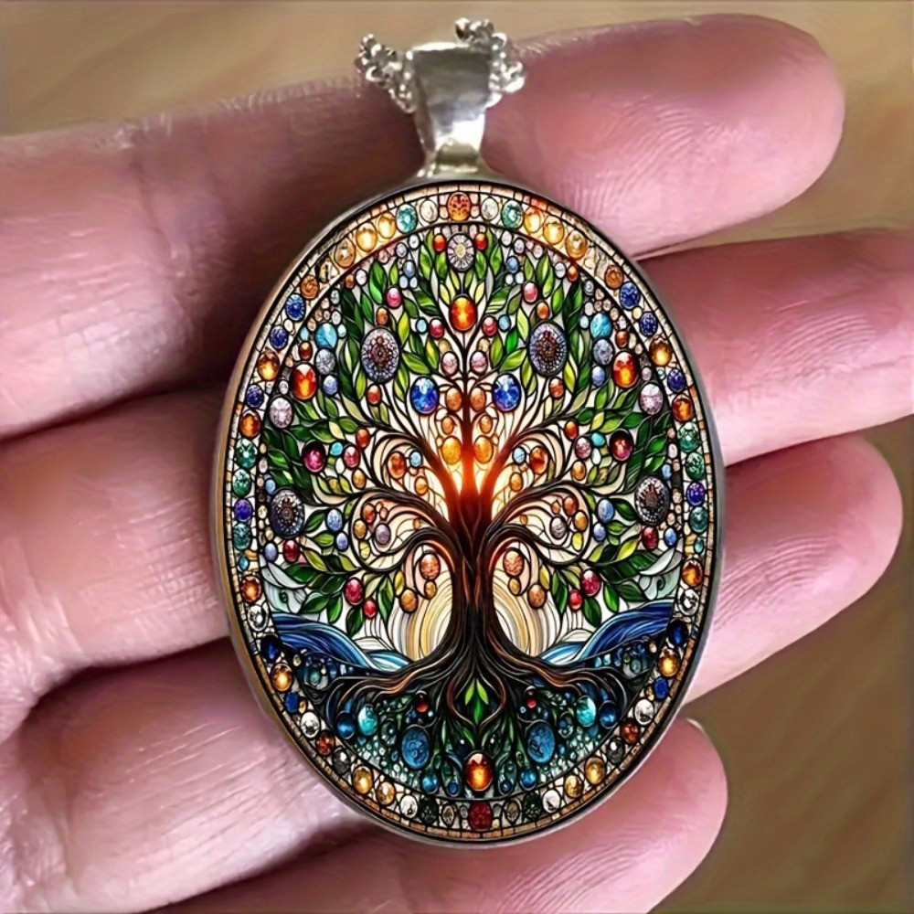 Retro alloy Tree Pattern Hanging of Life Oval Stained Glass Pendant Necklace