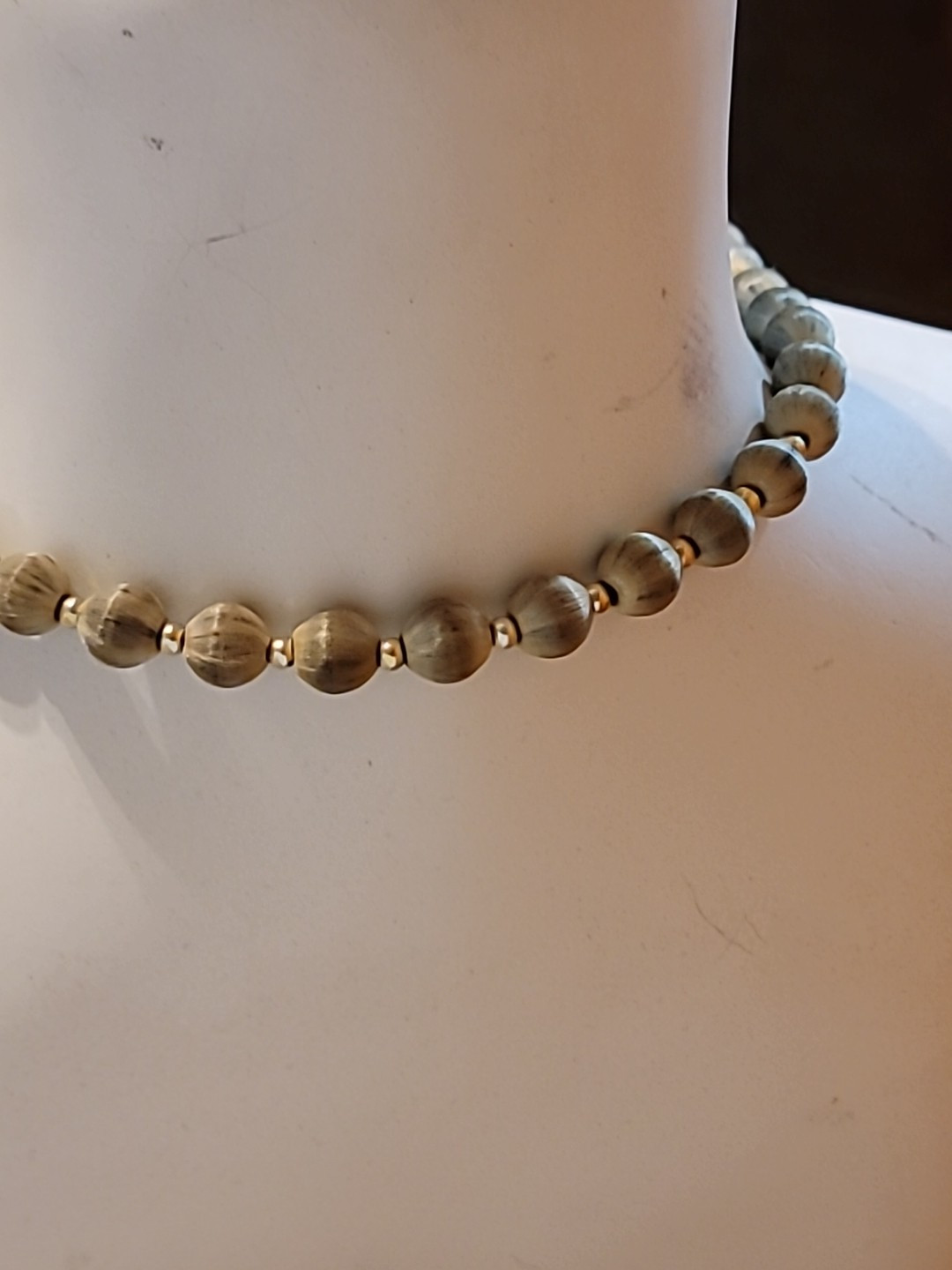 Grey Silk Satin Thread Beaded Necklace Gold w/ Toned Beads
