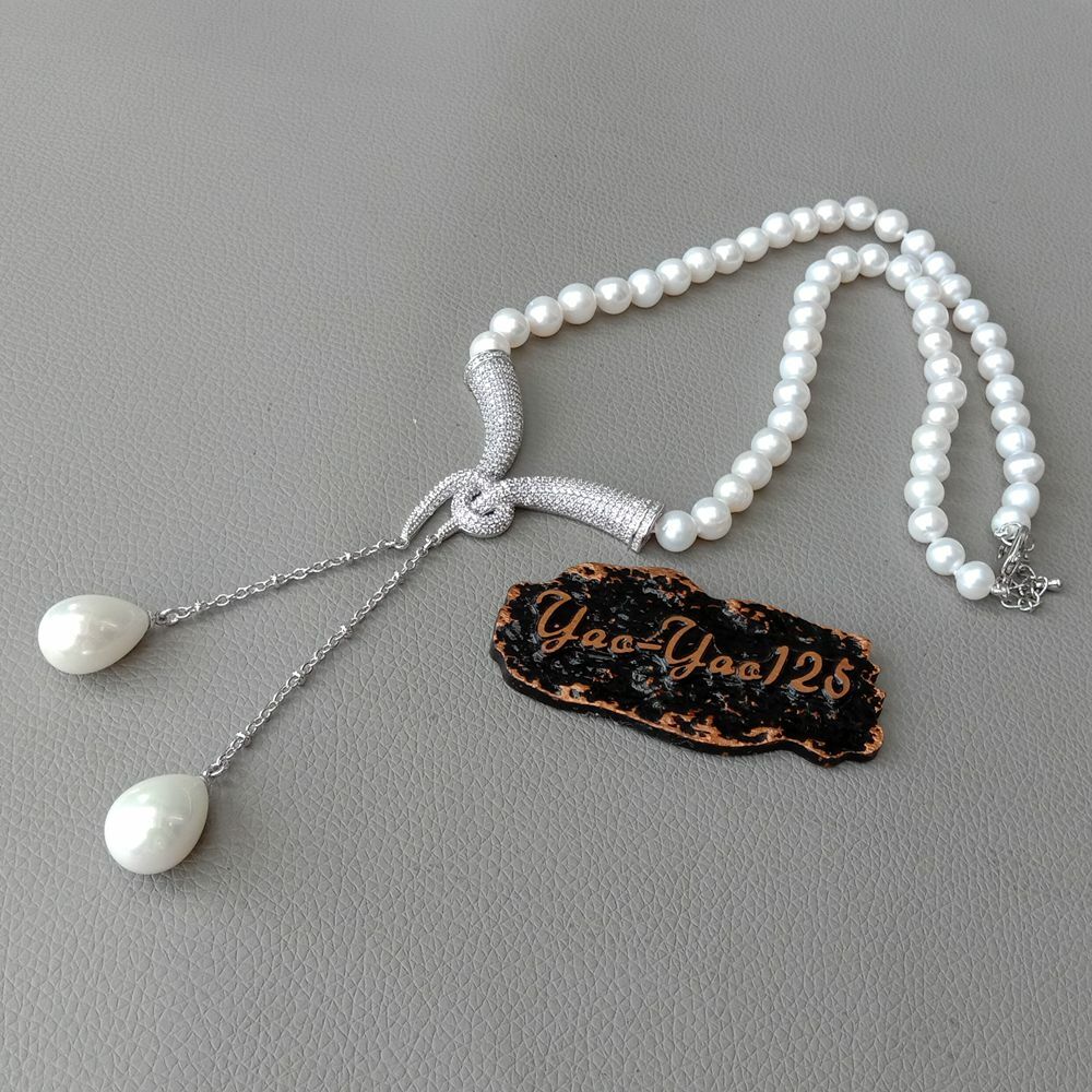 Cultured White Pearl Necklace White Sea Shell Pearl cz pave Pendant 20″