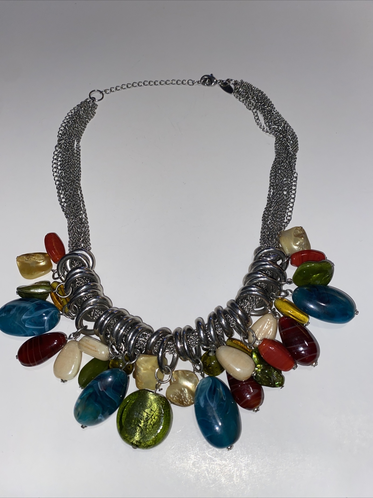 VTG Necklace Chunky Silver Tone With Glass, MOP And Other Unknown Stones By NY