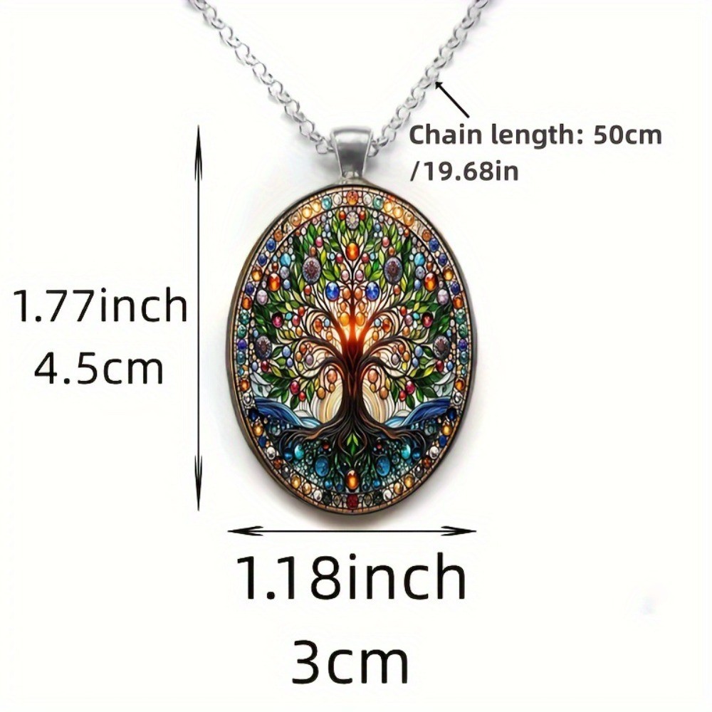 Retro alloy Tree Pattern Hanging of Life Oval Stained Glass Pendant Necklace