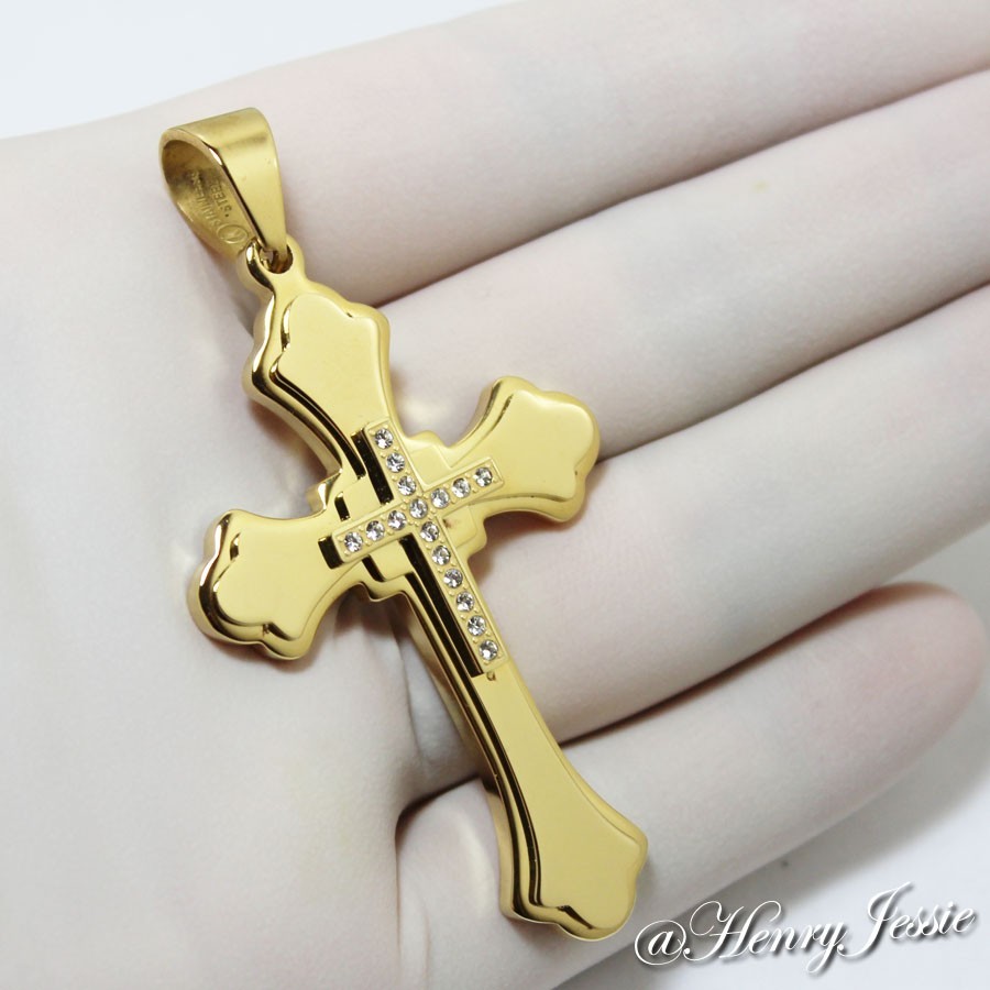 24″MEN Stainless Steel 7mm Gold Plated Cuban Curb Necklace CZ Cross Pendant*SGS
