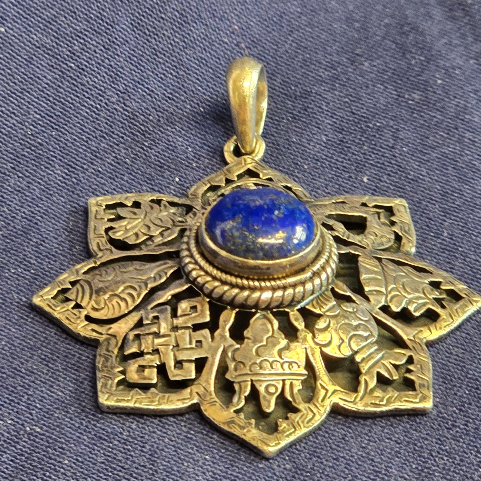 Sterling Silver Pendant 14.93g Jewelry Lapis Look Nepal Symbols Charm *READ*