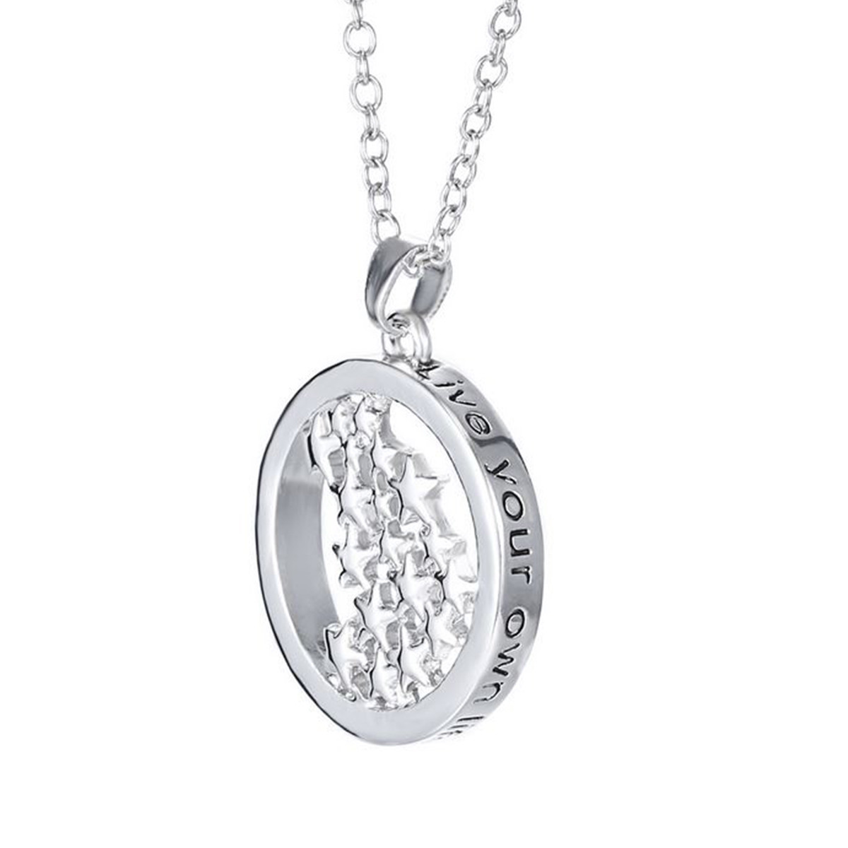 Engraved Necklace 14k White Gold Plated Star Round Pendant Women Jewelry 18″