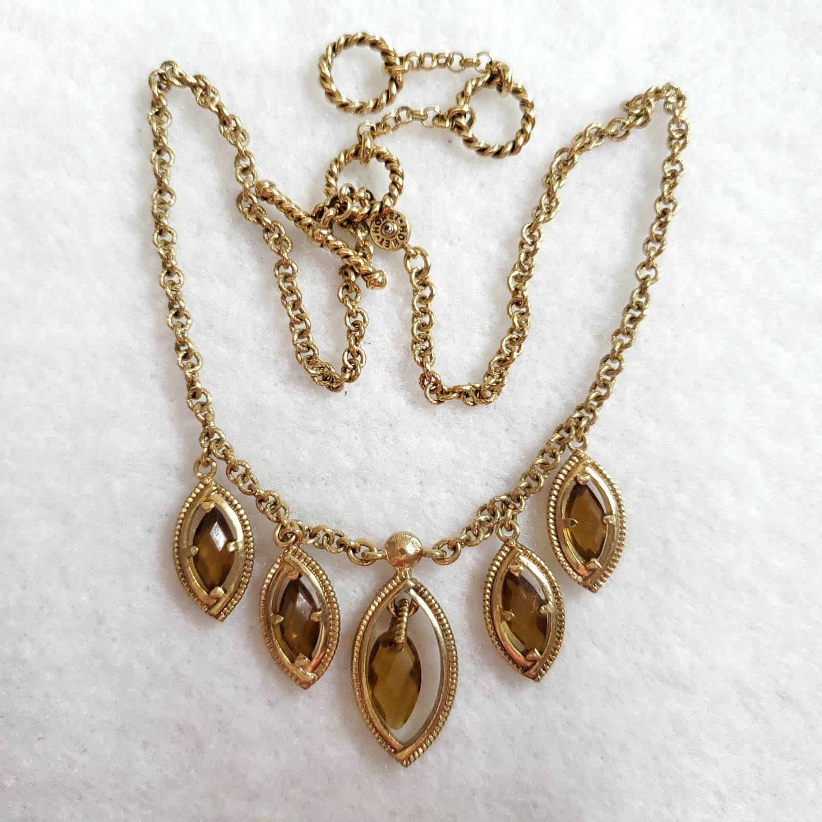Monet Necklace Gold Tone Charm Dangles Faceted Yellow Glass 15-17.5″