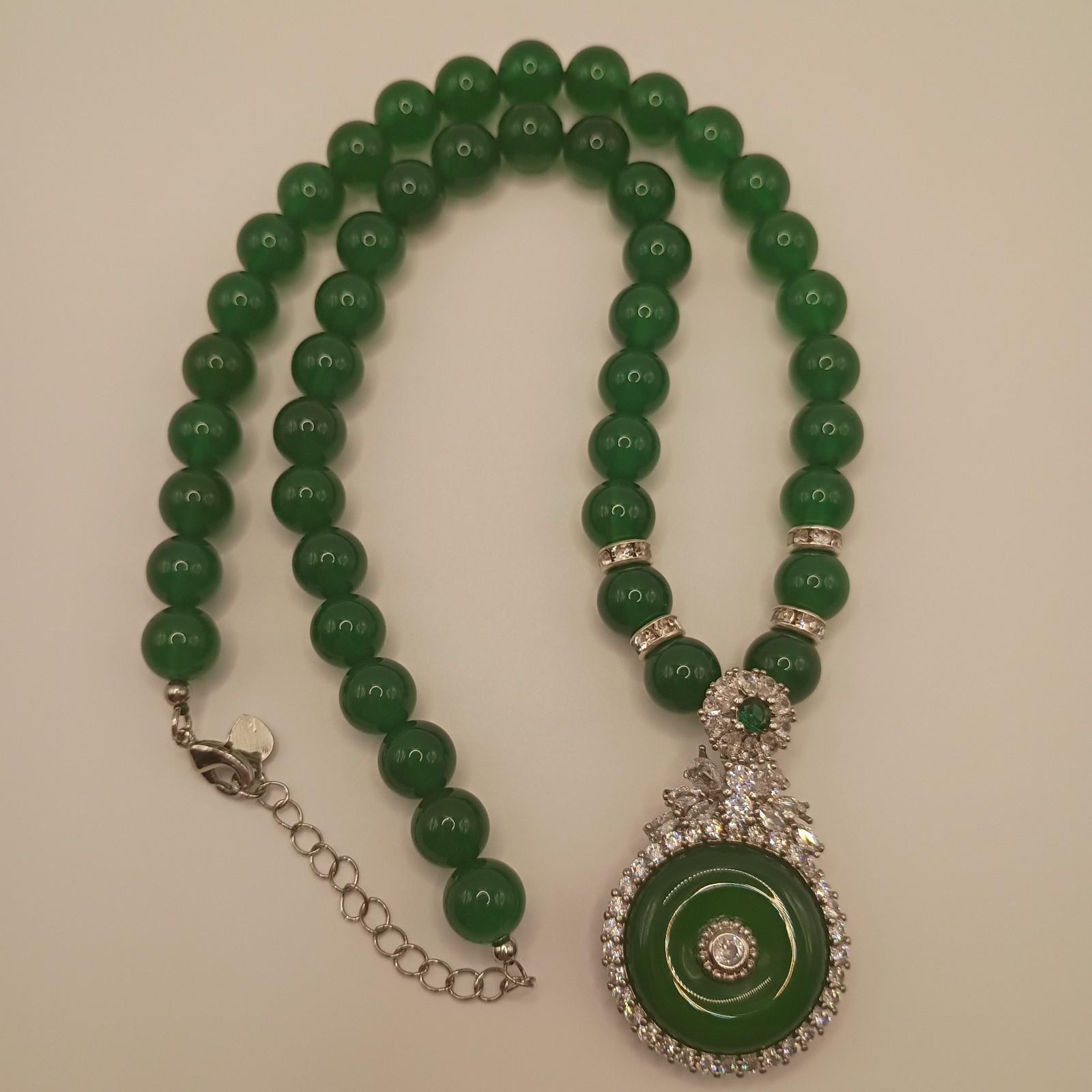 Green Agate Donut & Cubic Zirconia Halo Necklace Chinese Ping’an Kou 17″