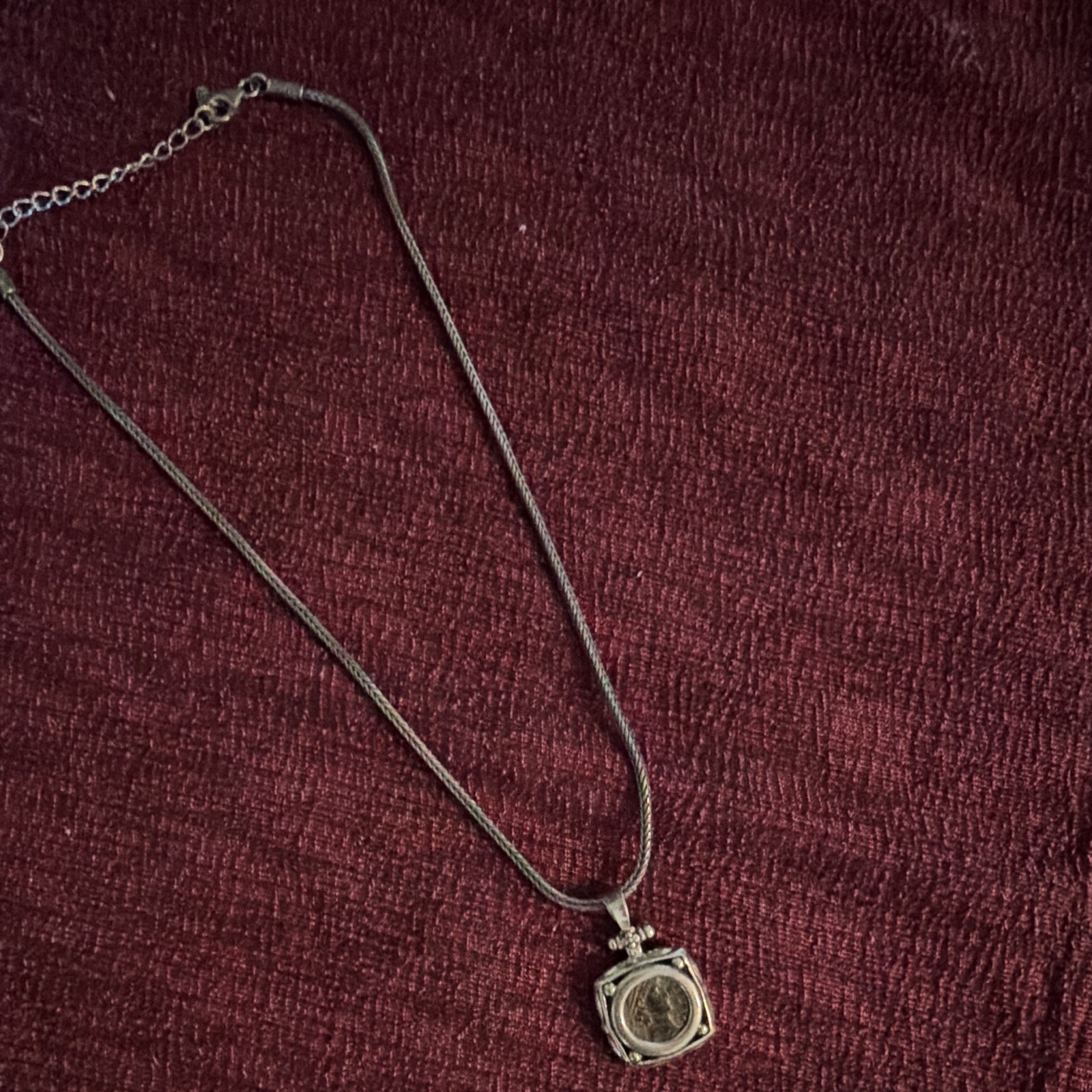 Reversible Signed Silver Coin Pendant Necklace Square Charm Snake Chain
