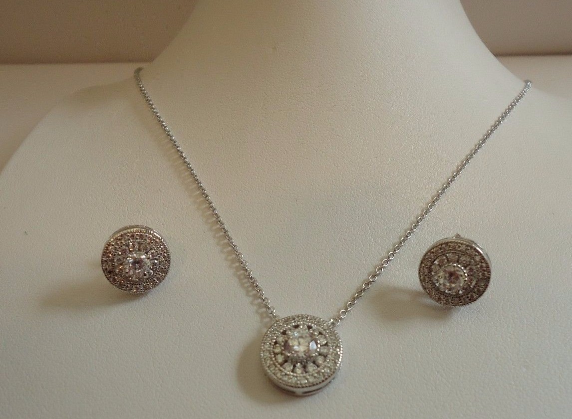 STERLING SILVER ROUND DESIGNERS NECKLACE &EARRING SET 3 CT LAB CREATED DIAMONDS