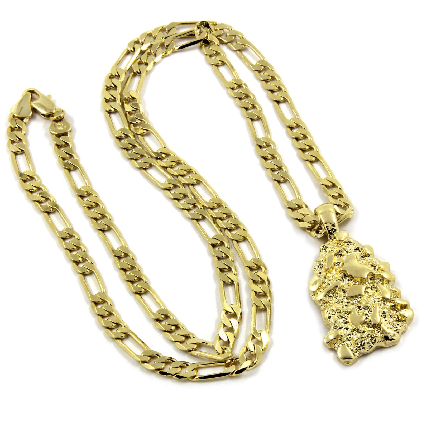 Mens 14K Gold Plated Nugget Pendant Hip-Hop 5mm/24″ Figaro Chain