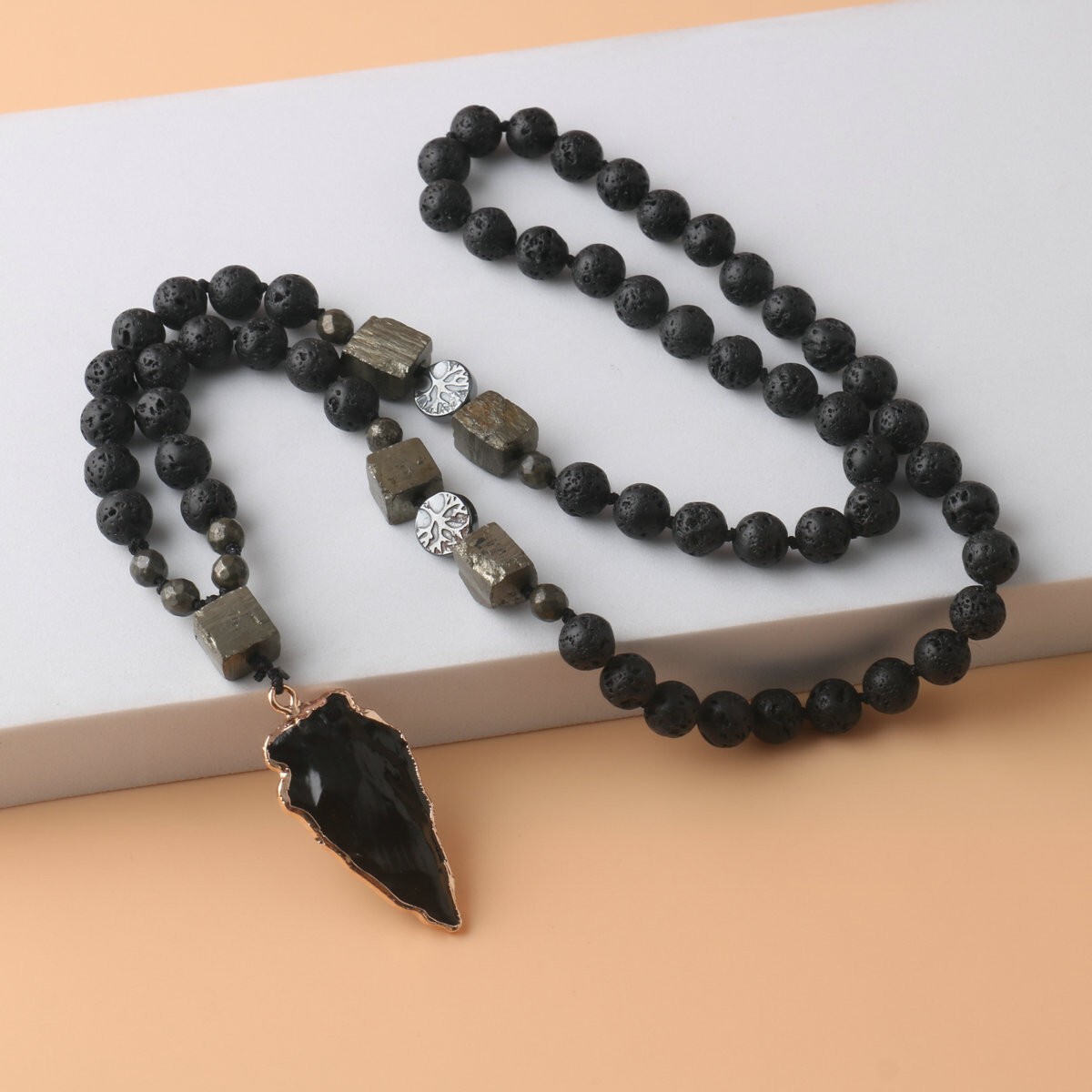 Natural Lava Rock Volcano Stone Knotted Necklace Obsidian Arrowhead Pendant