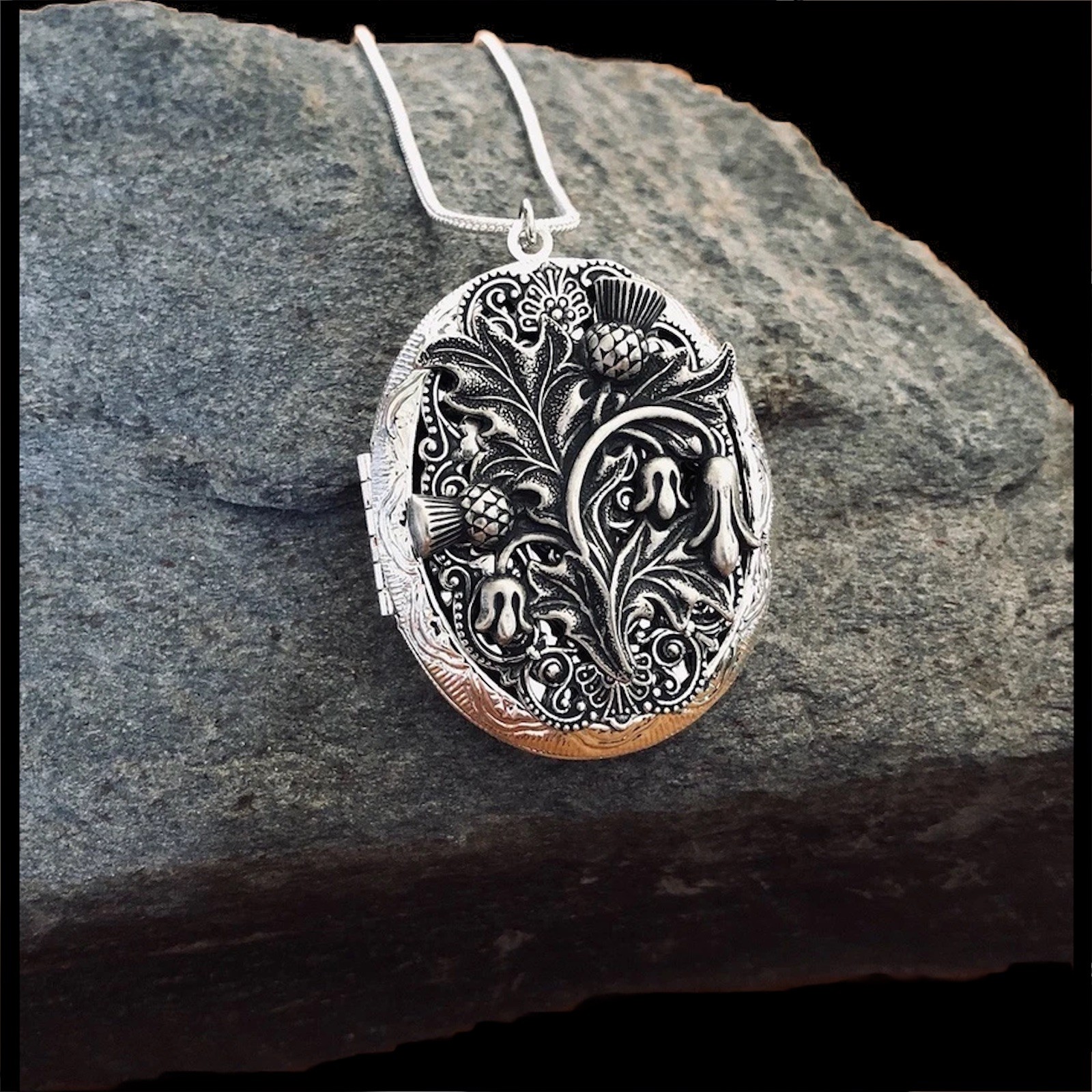 Thistle Locket Necklace Photo Pillbox Stash Pendant, 925 Sterling Silver Chain