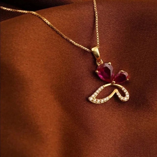 Pear Cut Simulated Pink Ruby Butterfly Shape Pendant In 14k Yellow Gold Plated