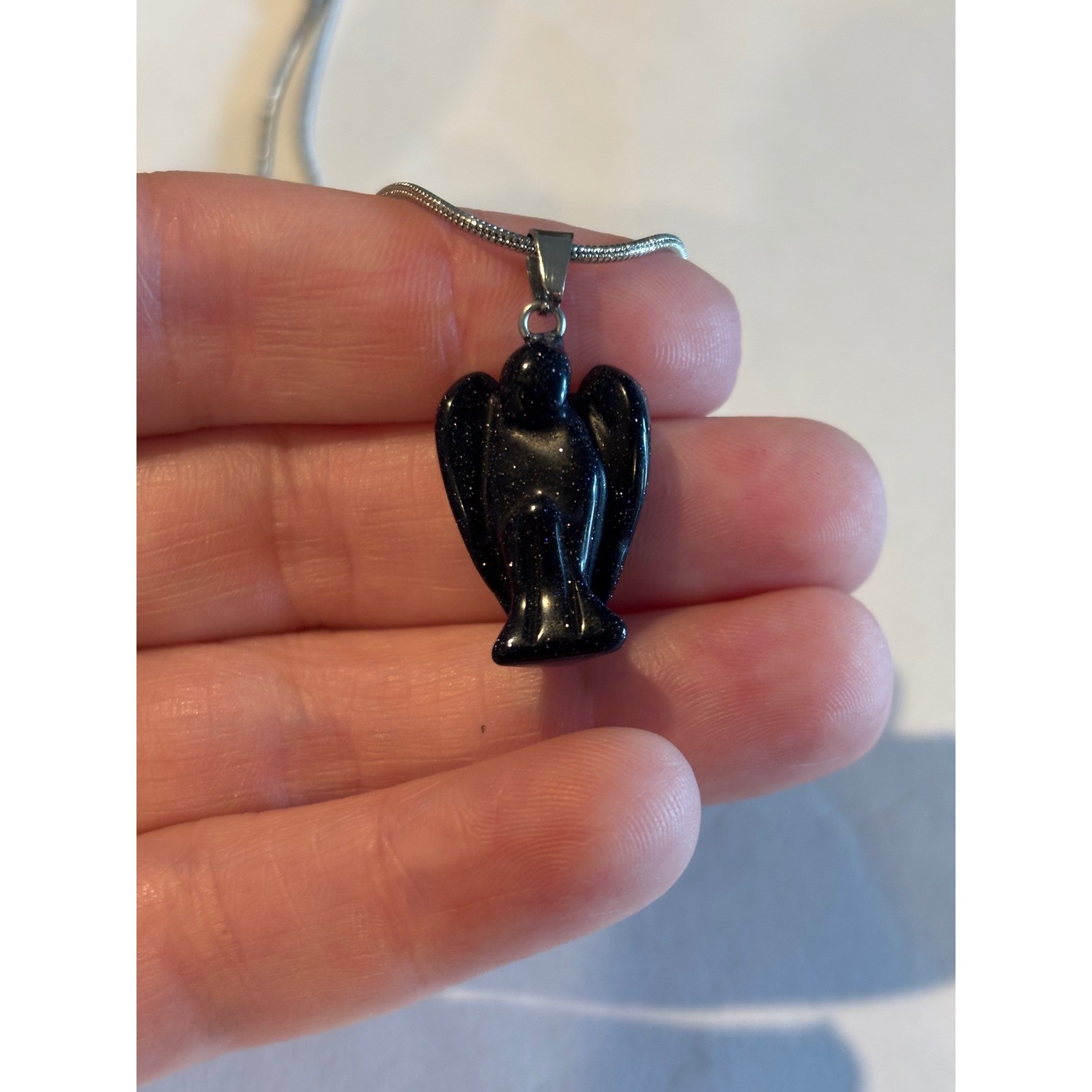 Blue Goldstone Angel Pendant Necklace Silver Tone Snake Chain Celestial Jewelry