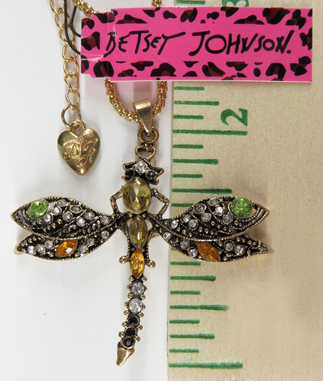 NWT-Betsey Johnson Topaz & Green Crystal Dragonfly Pendant on Goldtone Necklace