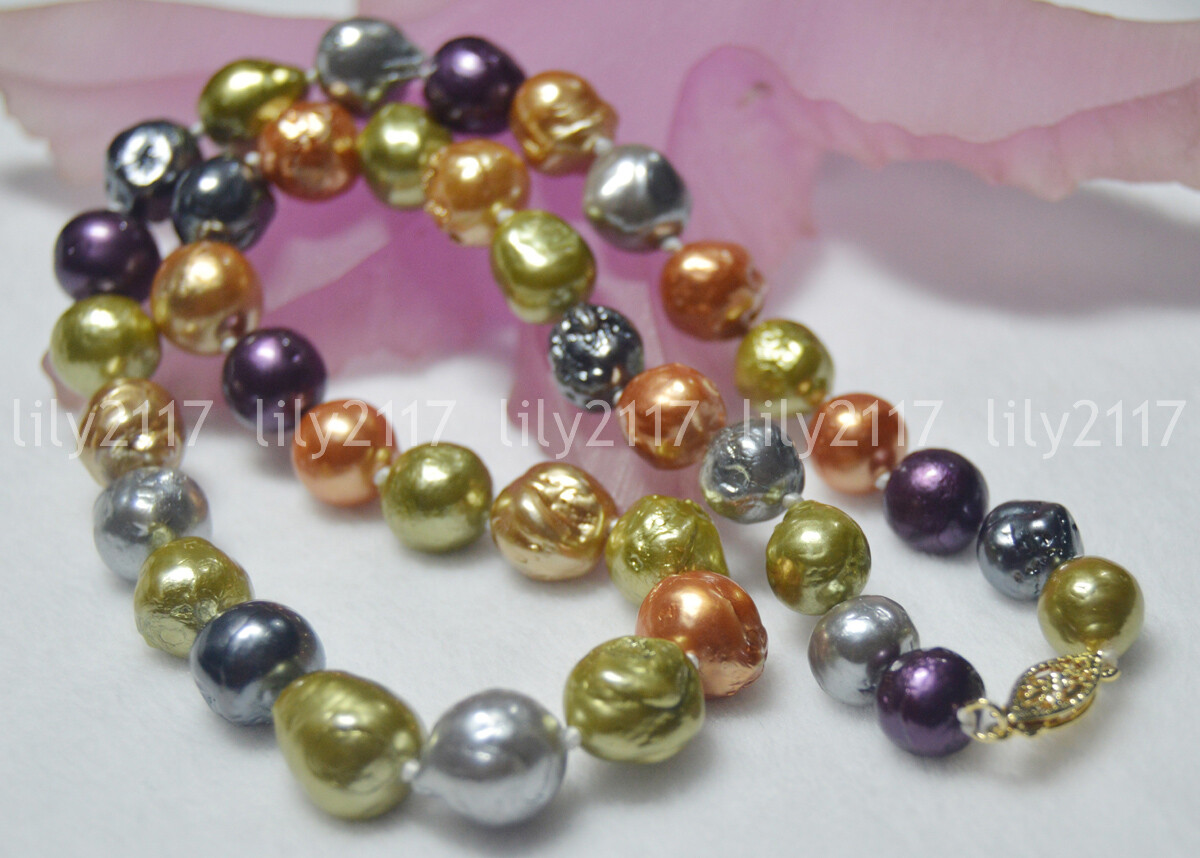REAL NATURAL 10-12MM SOUTH SEA GENUINE COLOURFUL BAROQUE PEARL NECKLACE 14K 18”