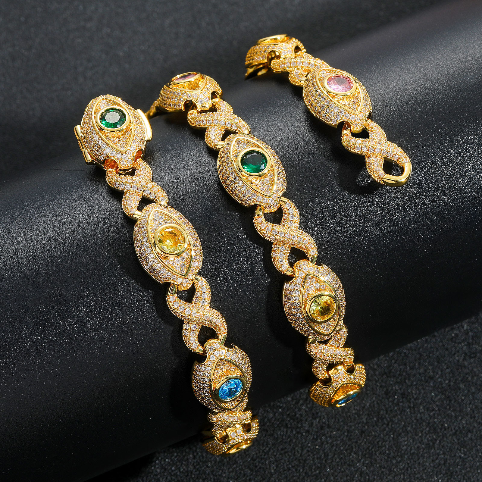 Hip Hop Colorful Eye Cuban Chain Necklace Bracelets 5A Zircon Mens Jewelry