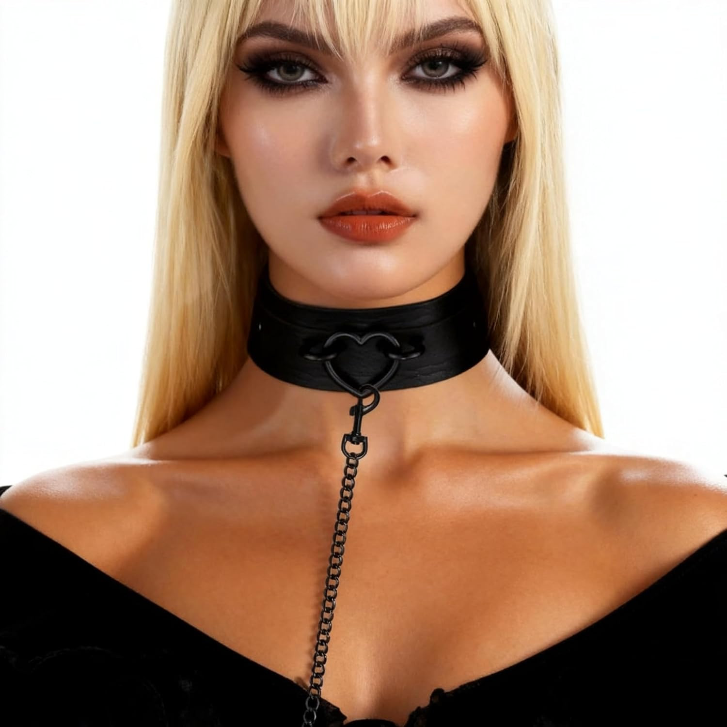 Black Heart Choker Collar for Women, PU Leather Goth Necklace Body Chain Set for