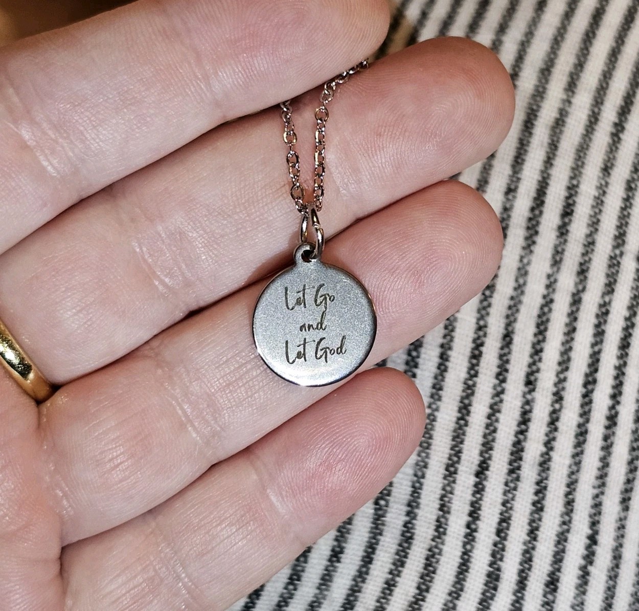 Let Go Let God Engraved Pendant Silver Steel Spiritual Inspirational Necklace