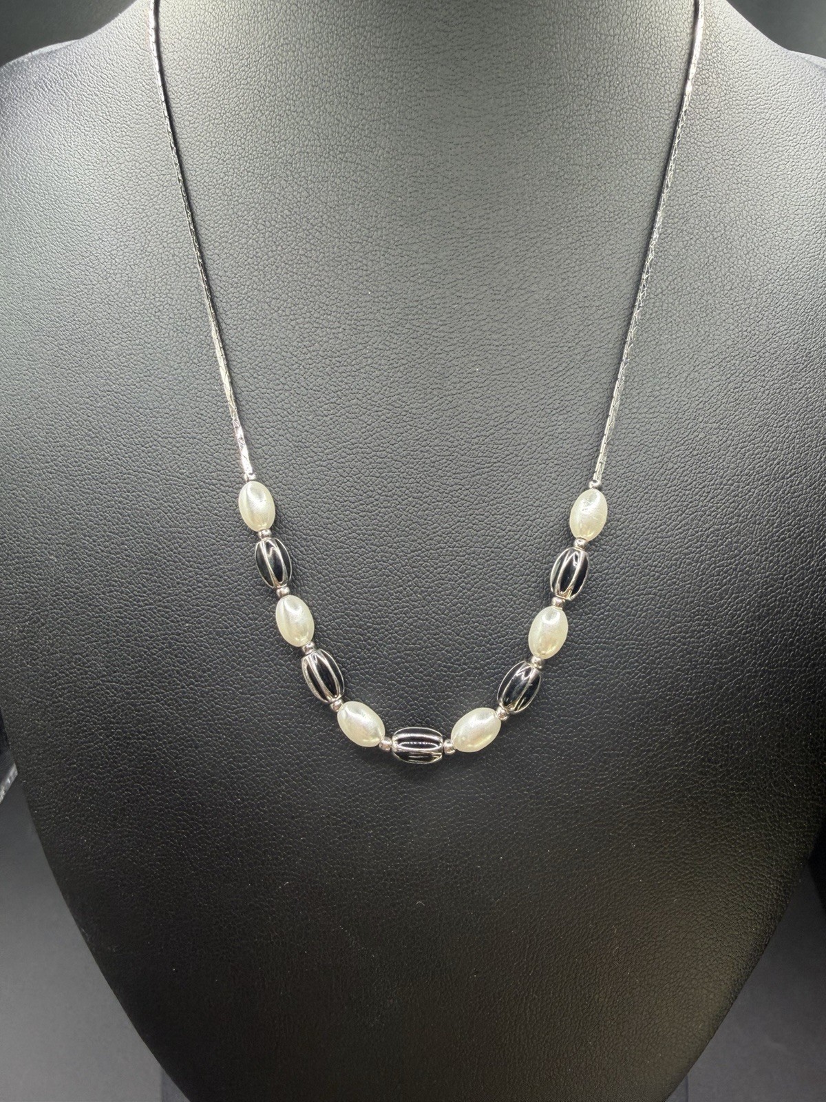 Silver tone Snake Chain White Pearl Station Necklace Spring Ring Signed