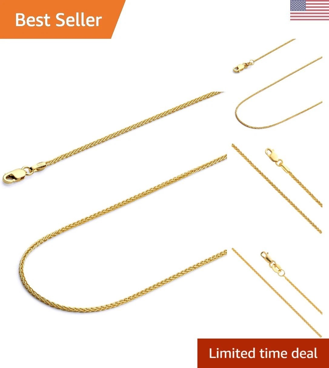 Luxurious 14k Gold Wheat Chain Necklace, 16 Inches – Multiple Widths Available