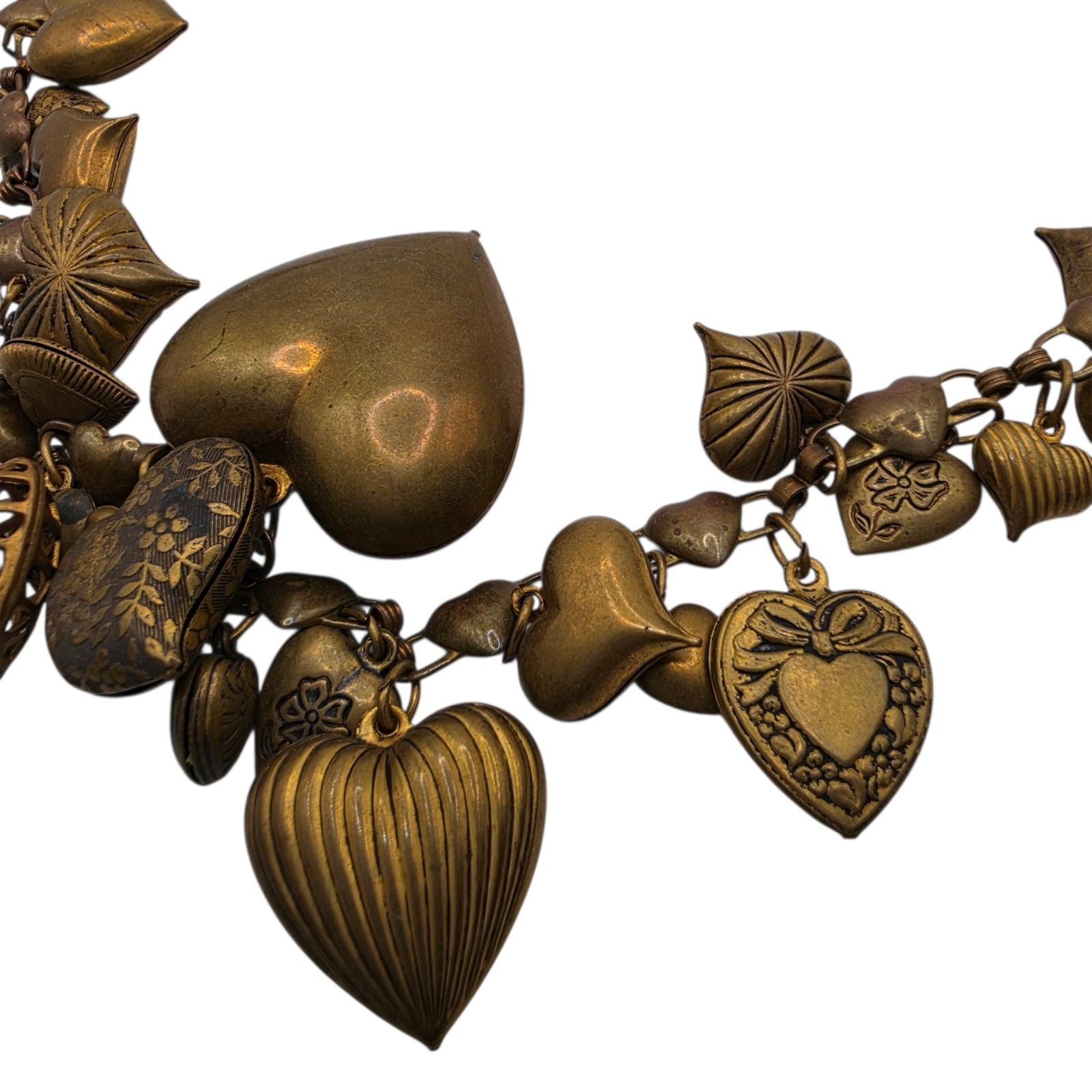 Pididdly Links Heart Charm Necklace Brass Tone Statement Vintage Jewelry