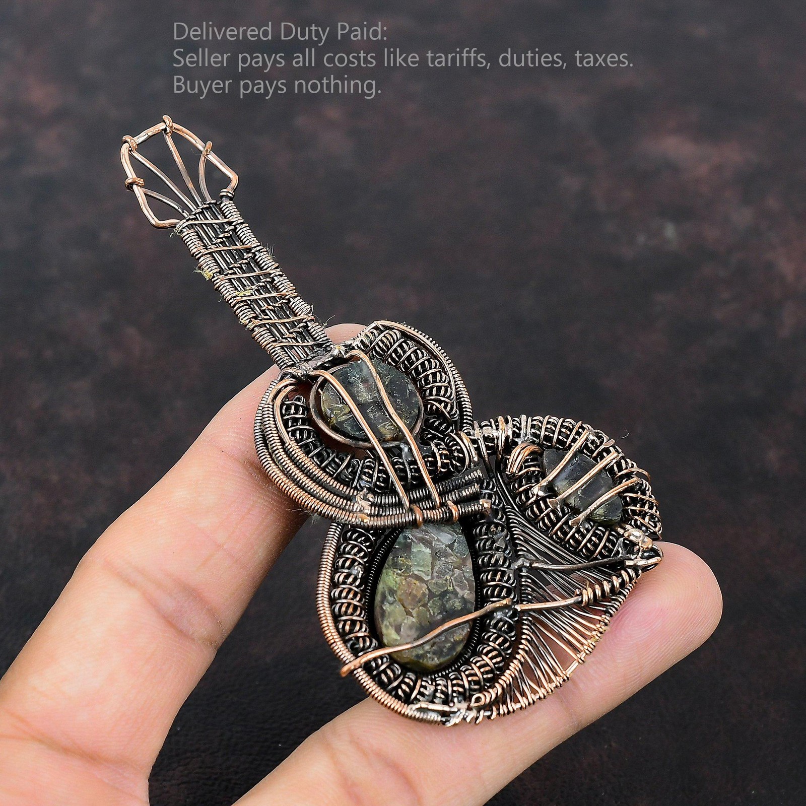 Natural Watermelon Tourmaline Wire Wrapped Guitar Unique Pendant Jewelry Copper