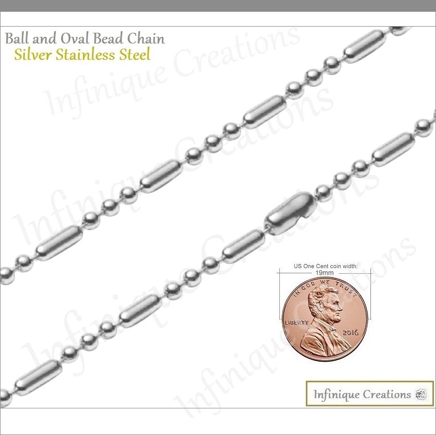 Stainless Steel Silver Ball And Oval Bead Chain Bracelet Necklace 1mm-3mm 7-38″