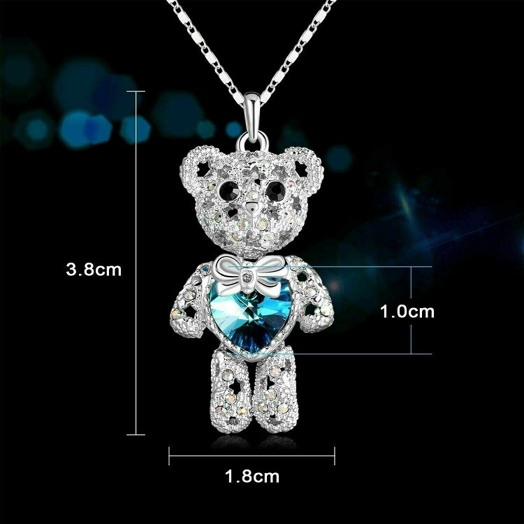 925 Sterling Silver I Love you Heart Blue Topaz Teddy Bear Pendant Necklace