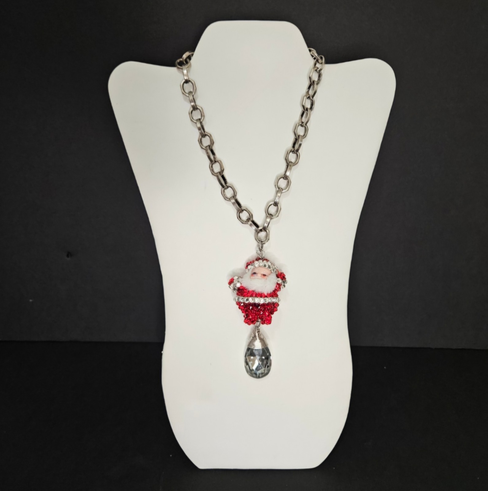 Santa necklace with red & silver rhinestones and white fur trim & crystal…