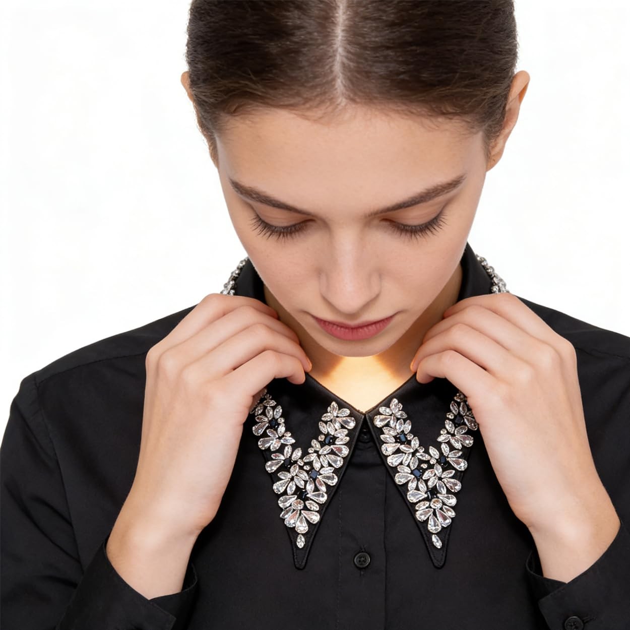 2Pcs Rhinestone Detachable Collar Set Elegant Hand Sewn Crystal Fake Collar H…