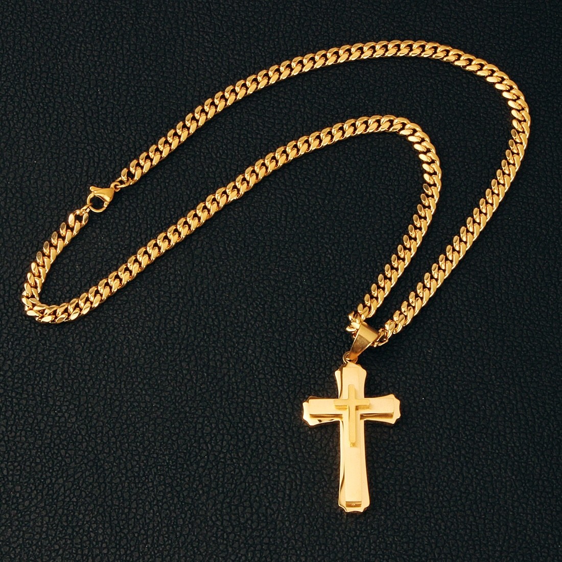 Men’s Stainless Steel Cross Necklace Cuban Chain Pendant Gold Silver Black 24