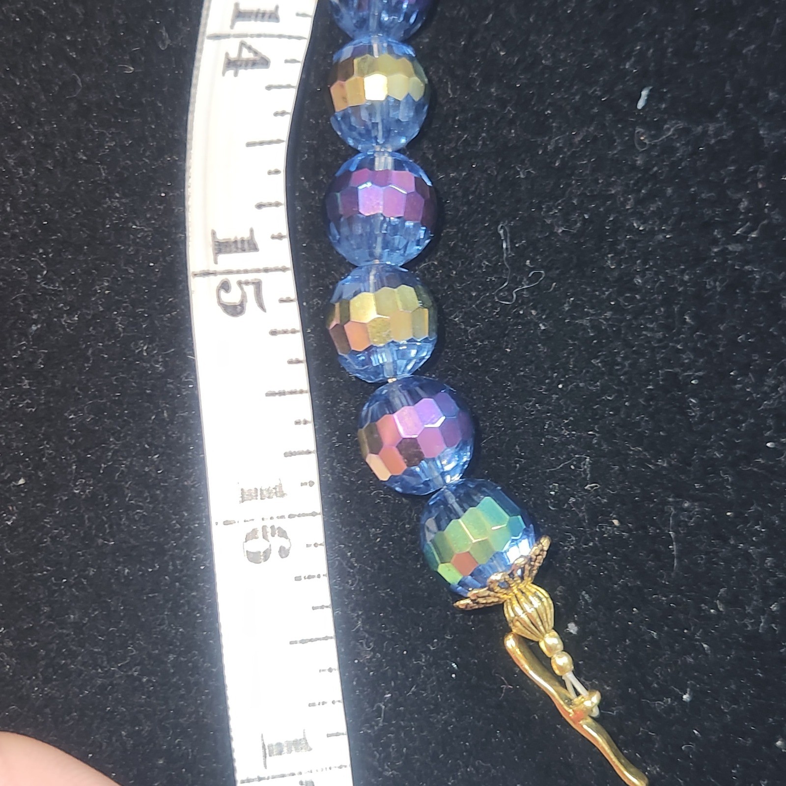 Blue Aurora Borealis Crystal Bead Necklace Gold Tone Pave Disco Ball 16 Inch