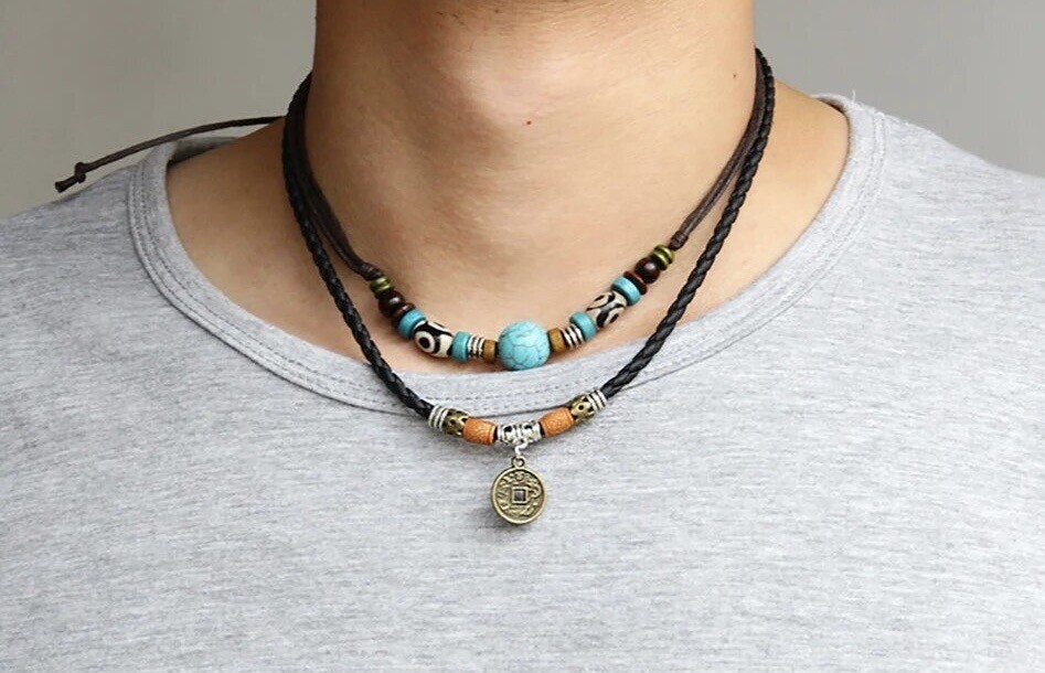 Men’s Fashion Jewelry Brown Leather Beaded Rope Necklace Unisex USA