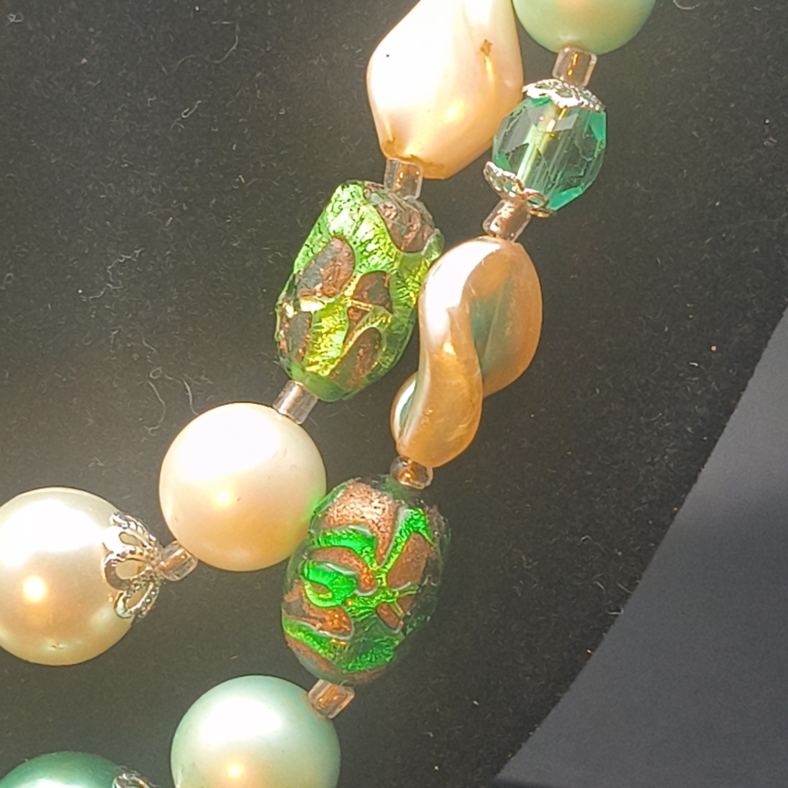 Layered Beaded Marked Japan Statement Necklace Green Glass Bead Round Pearl Hook