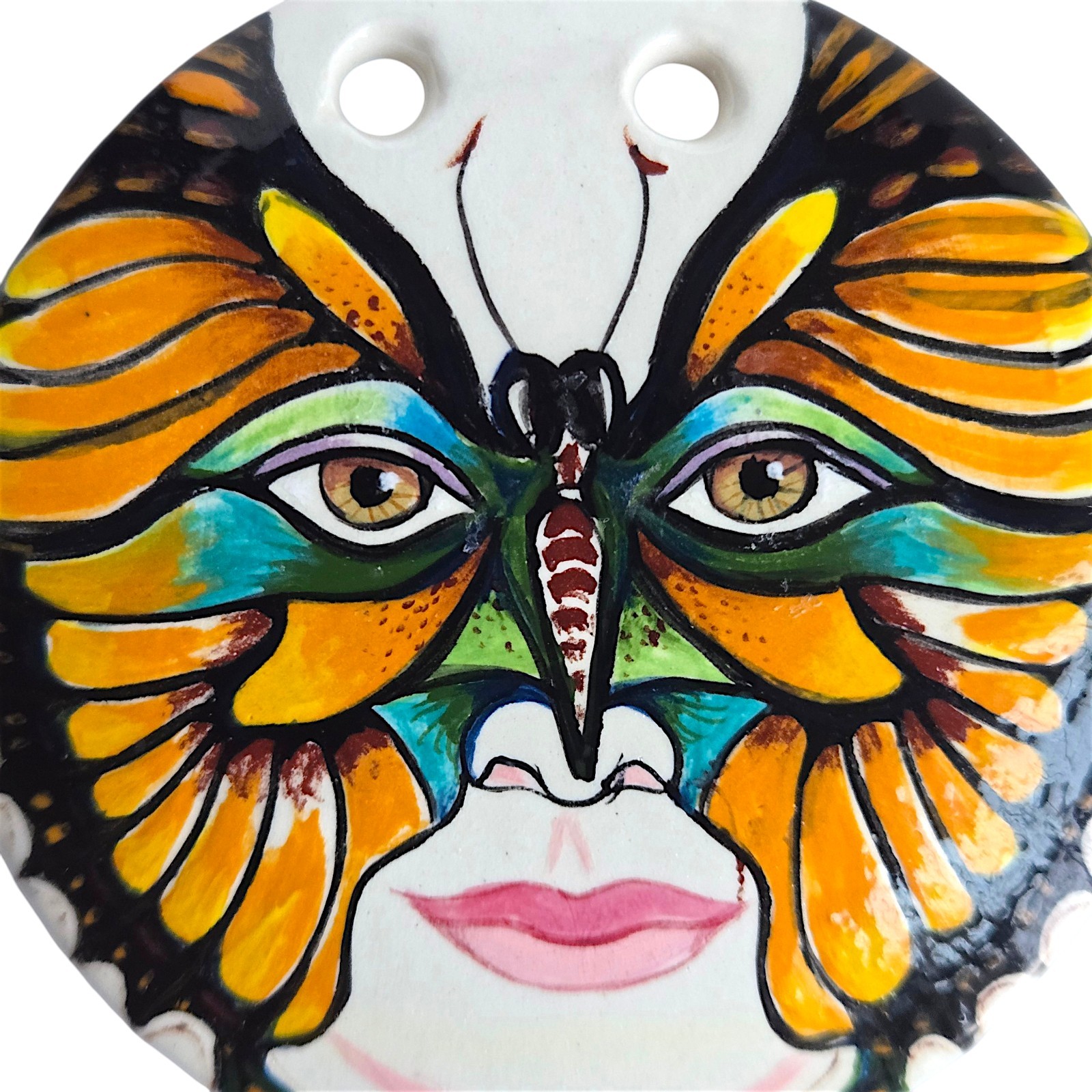 Artisan Monarch Butterfly Mask Woman Face Ceramic Art Pendant Bernice Horowitz