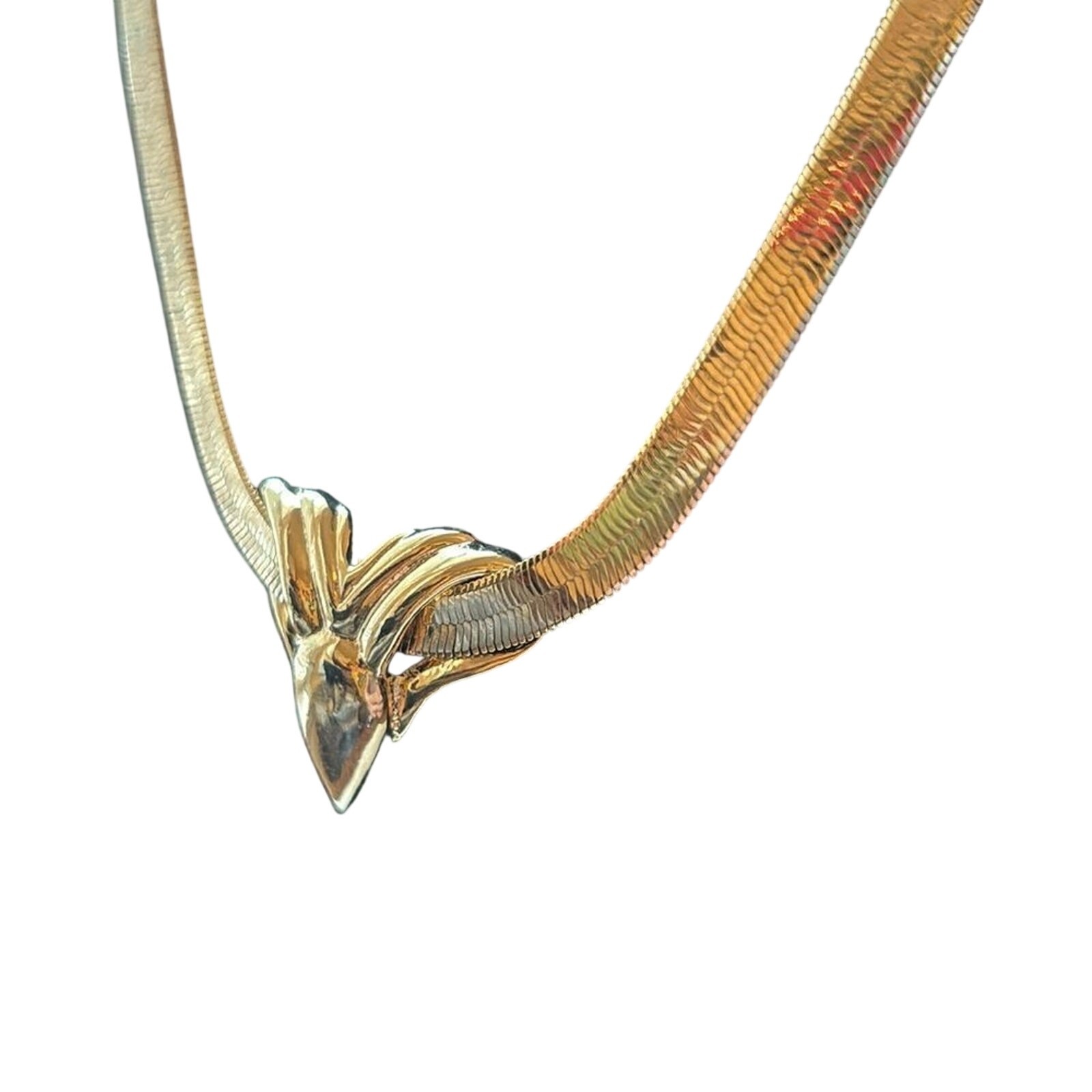 Vintage Gold Tone Herringbone Statement Necklace Sculptural Centerpiece 18”