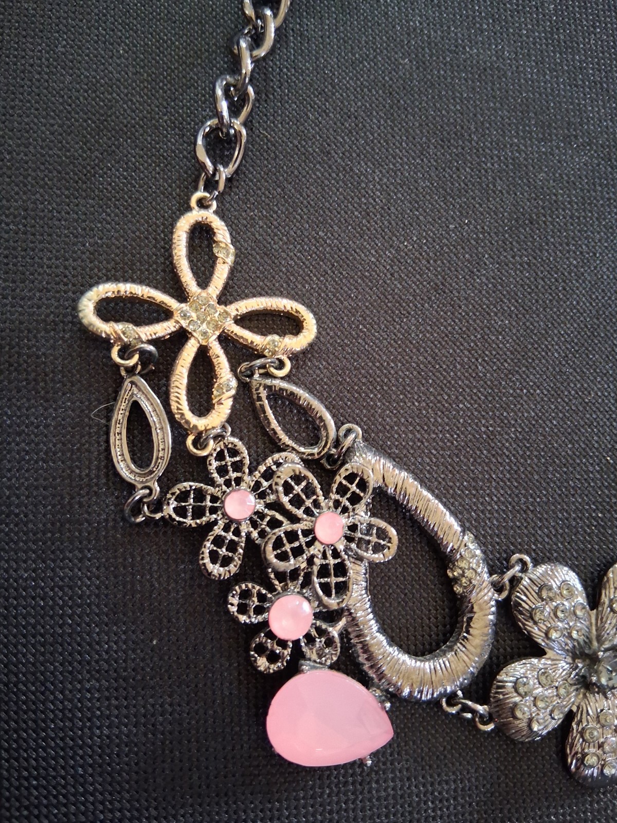 Black Metal Grey And Pastel Pink Flower Necklace