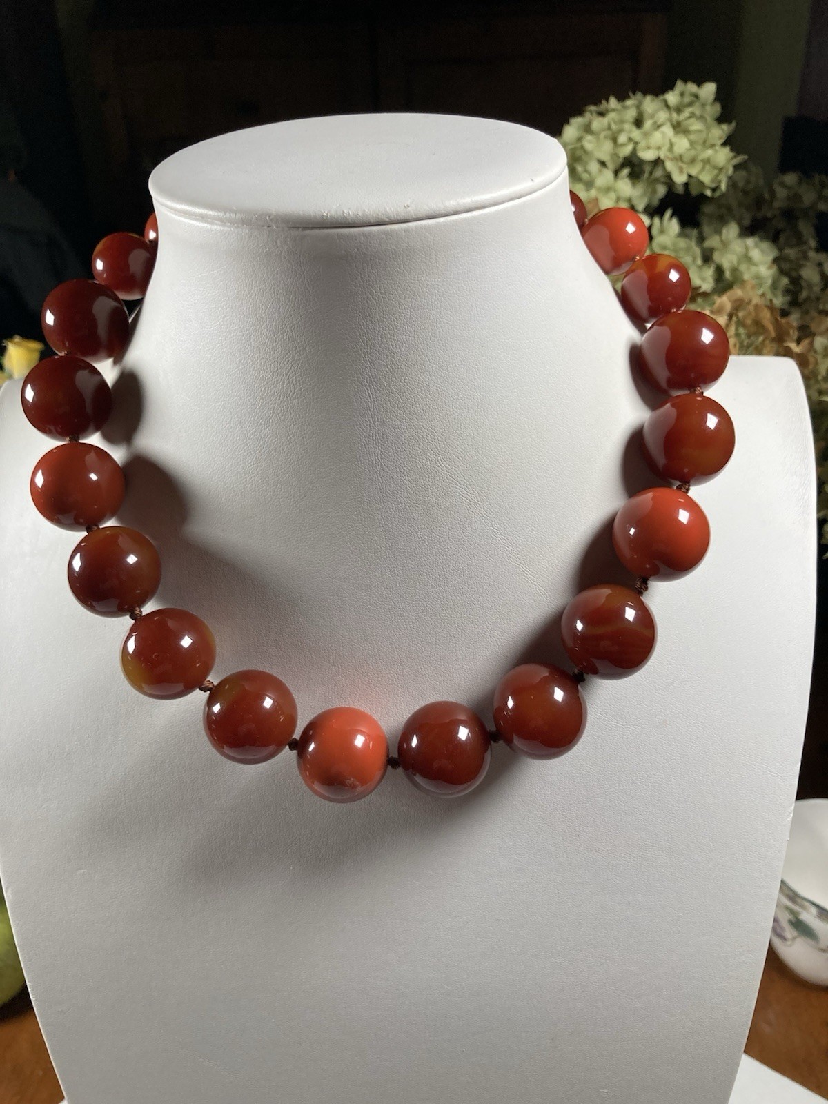 Red Round Bead Necklace Silver Tone Ball Chain Toggle Clasp