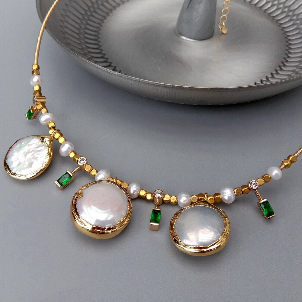 Cultured White Coin Pearl Potato Pearl Cz Pave Choker Charm Necklace 15″