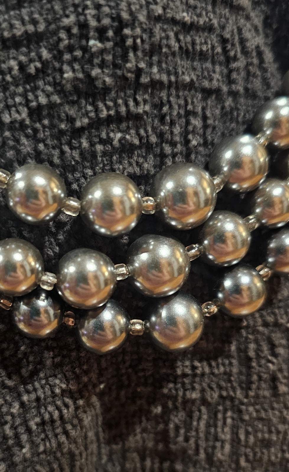 Vintage JAPAN Signed 3 Strand Metallic Gray Faux Pearl Graduated Stmnt Necklace