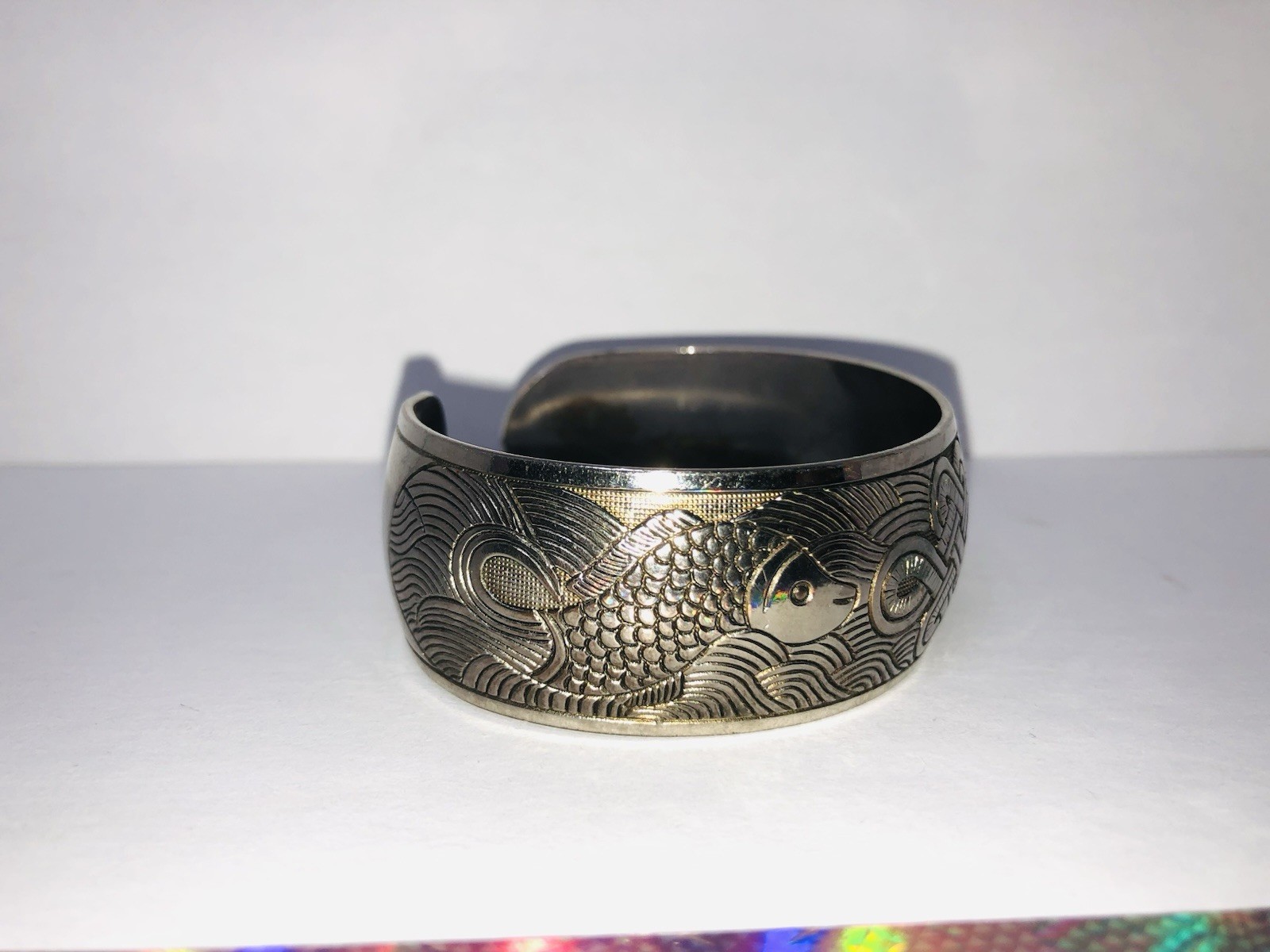 VTG Bangle Bracelet Silver Tone Etched Celtic Knot and Fish Design Open Cuff