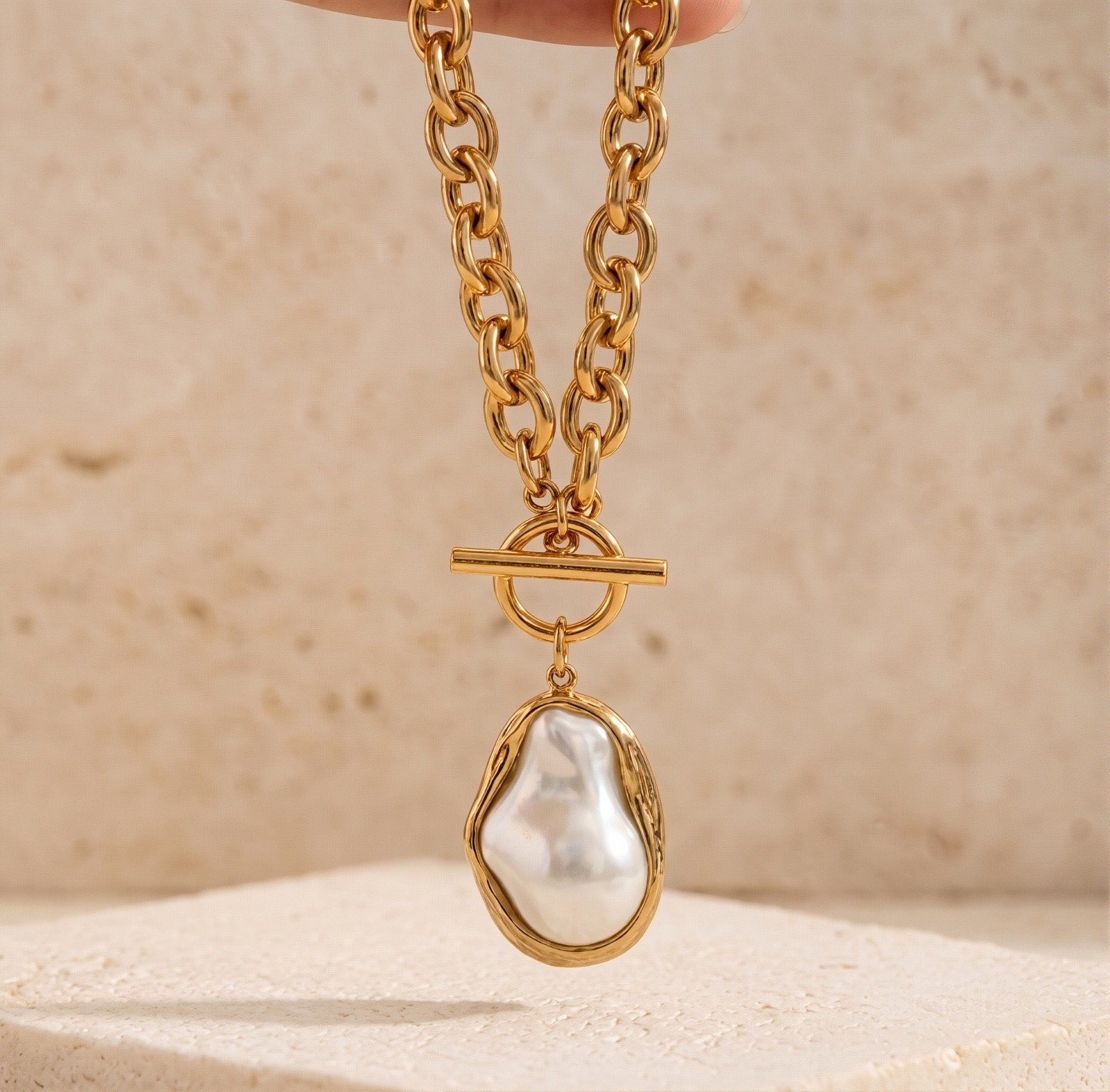 Gold Pearl Necklace Chunky Statement Baroque Pearl T Bar Clasp 18K Gold Plated