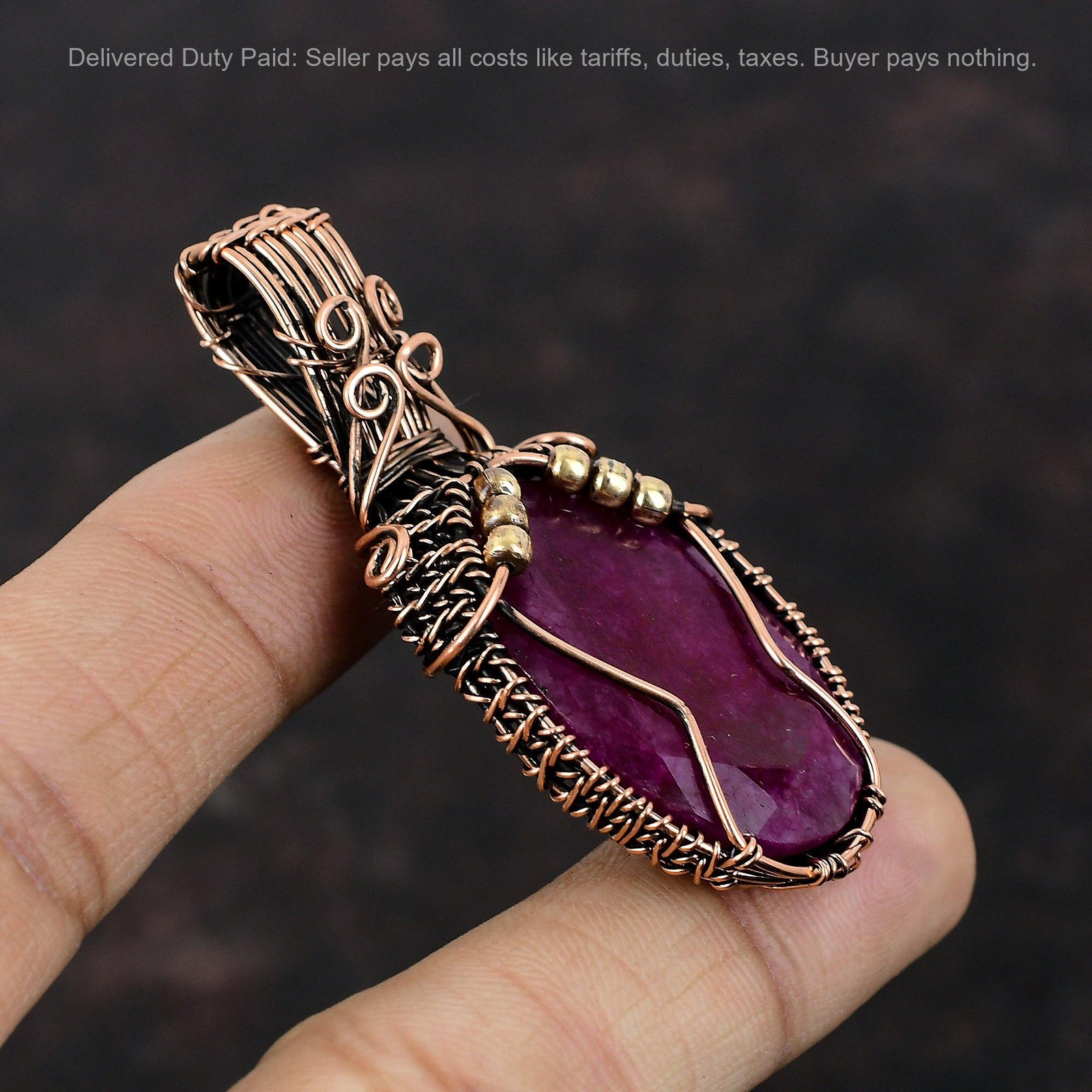Oval Natural Kashmir Rubi Birthday Mother Wire Wrapped Pendant Jewelry Copper