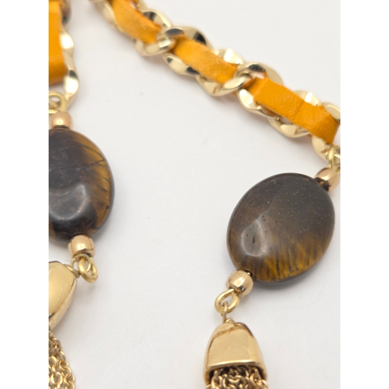 NWT White House Black Market Yellow Leather Gold Chain Lariat Tassel Necklace