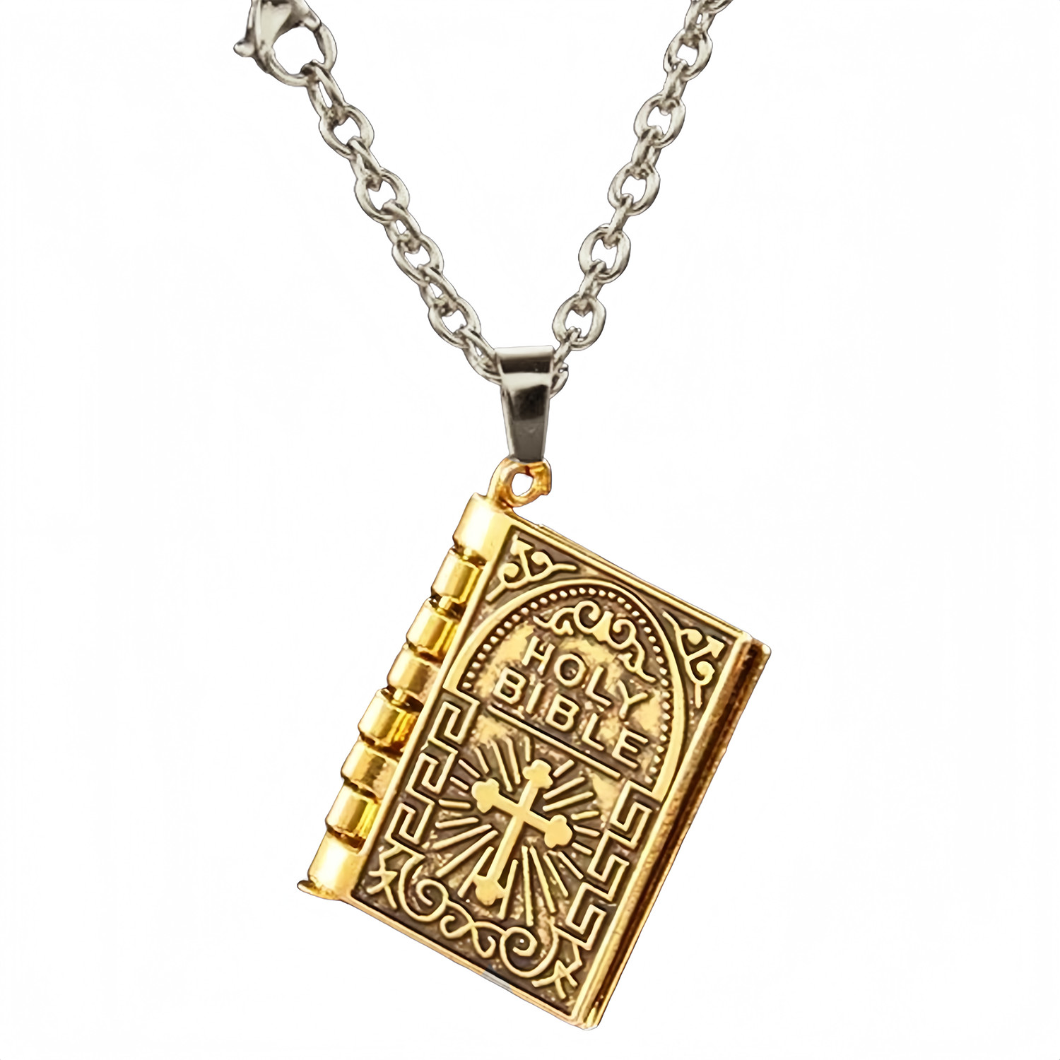 Bible Book Pendant Necklace Vintage Gold Cross Unique Jewelry For Men Women US