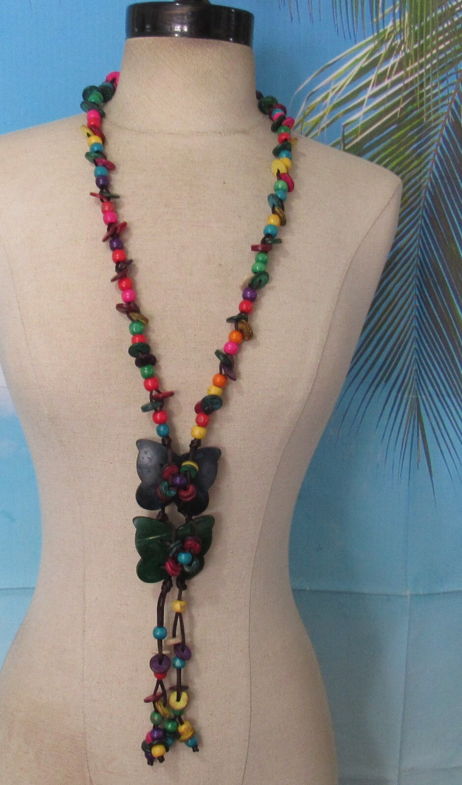 Brown Cord Necklace with Multicolor Wood Beads & 2 Wood Butterflies 32″