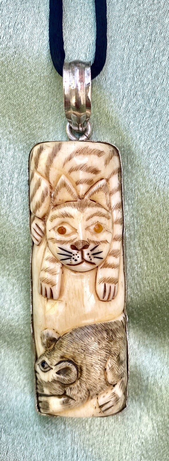 Carved Cats Necklace Silk Satin Cord