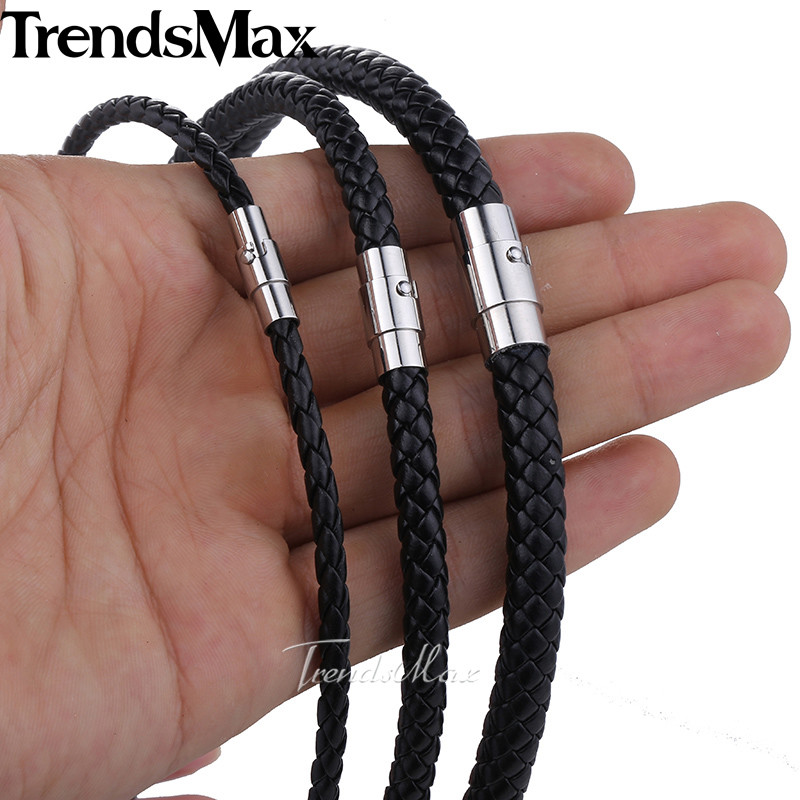 4/6/8mm 16″-36″ Black Braided Leather Cord Necklace Choker Steel Magnetic Clasp